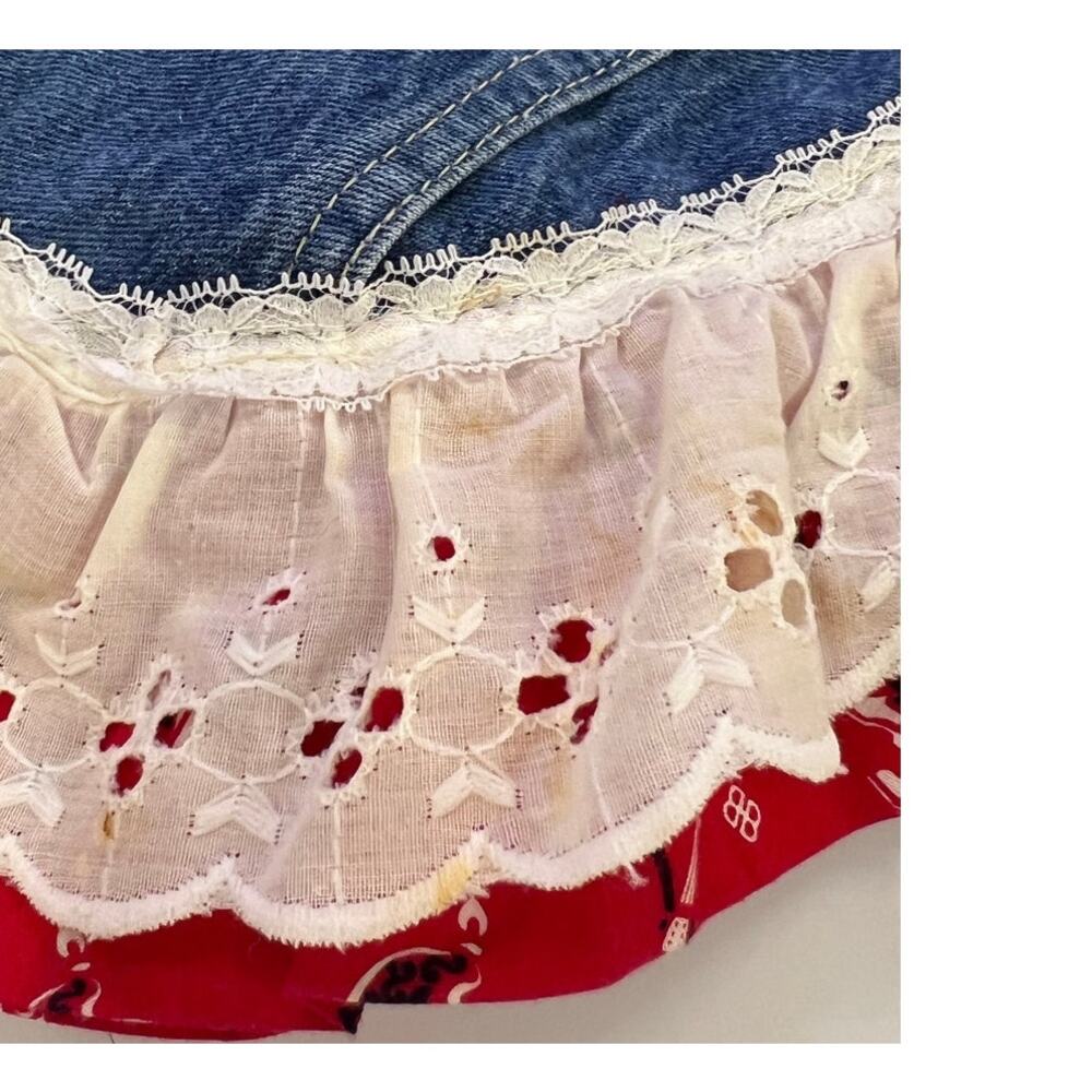 Vintage Homemade Apron Denim -  Lace & Red Western Ruffle Waist one of a Kind - Picture 8 of 8